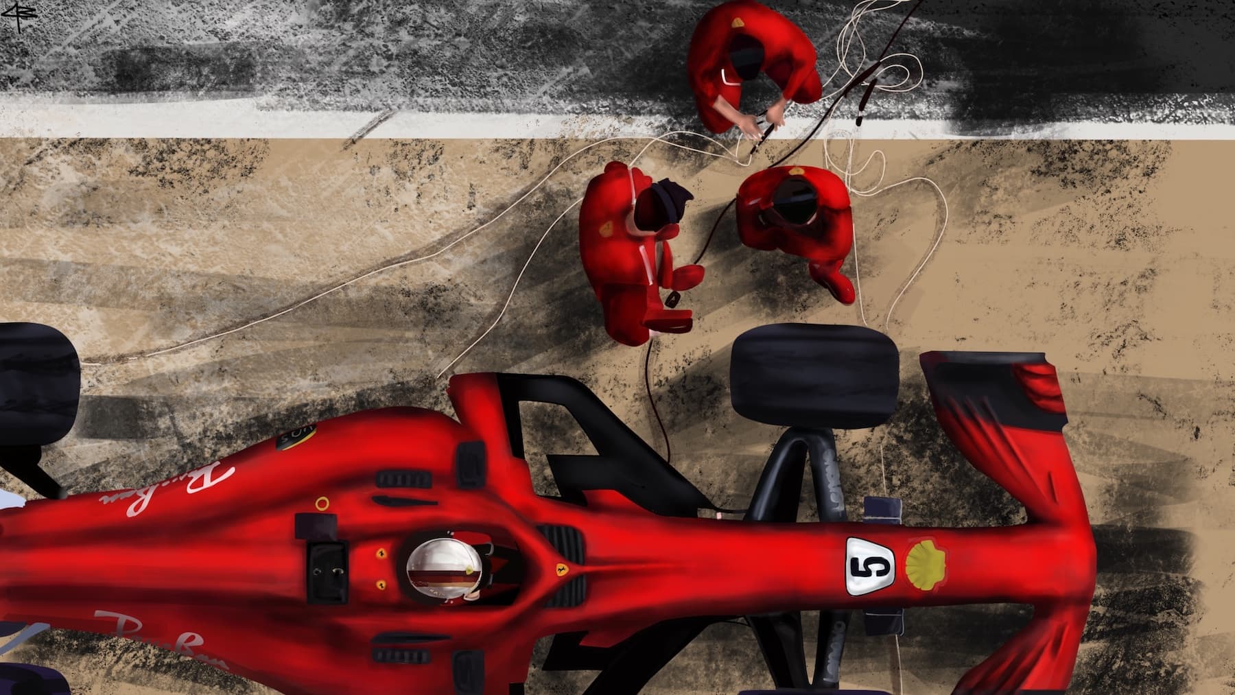 Illustration of a racecar at a pit stop.