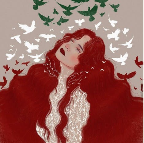 Illustration of a Woman, in the Colors of the Iranian Flag, with Her Hair Free. Symbolizing Freedom and Hope
