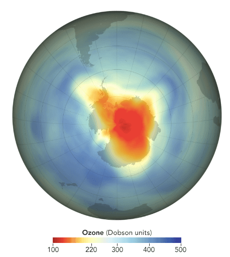 The hole in the ozone layer on October 24th, 1985 (NASA Earth Observatory).